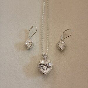 Sterling Silver Heart Necklace & CZ Leverback Earrings Set NWT